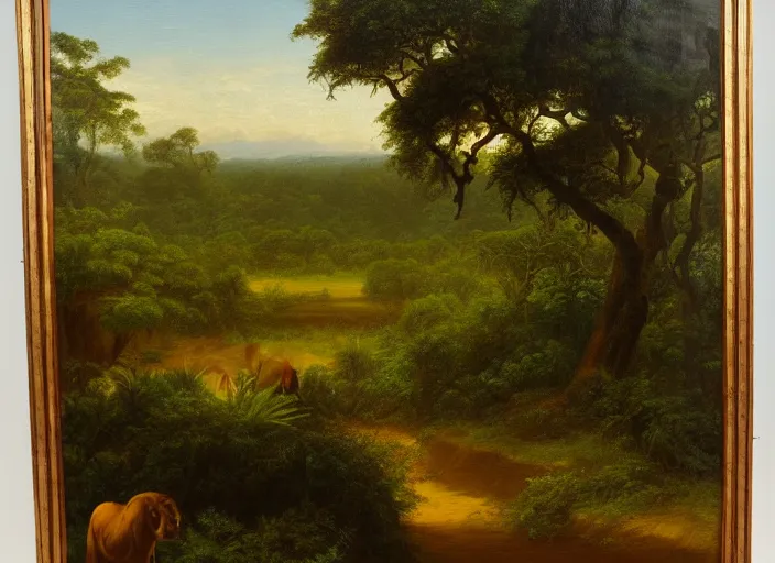 Image similar to the border of the jungle and the savannah in africa in the style of hudson river school of art, oil on canvas