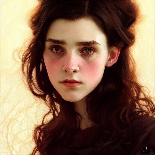 Image similar to portrait of a welsh teenage girl with brown hair, glowing skin, delicate features, amelie poulain, fantasy, intricate, elegant, dress shirt, highly detailed, digital painting, artstation, concept art, smooth, sharp focus, illustration, art by Krenz Cushart and Artem Demura and alphonse mucha