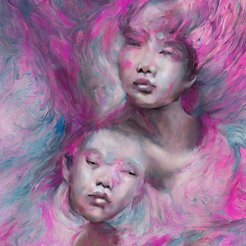 Prompt: a portrait of a very beautiful young asian goddess with pink and grey hair radiating an artwork made of swirling paint and impasto by james jean and wlop, background is multicoloured volumetric displacement, hyperrealism, subsurface scattering, arnold render, noise to volume, 8 k, houdini, xparticles