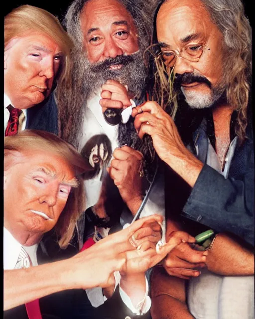 Image similar to donald trump with long hippie hair, smoking cannabis, photographed with cheech and chong in the style of annie leibovitz, studio lighting
