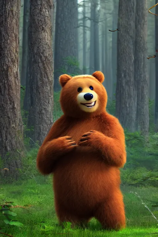 Image similar to cinematic shot of a cute anthropomorphic bear standing in the forest with his hands on his waist by greg rutowski and his face by pixar with a warm smile and big green eyes,, 8 k, masterpiece