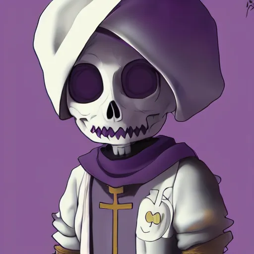 Prompt: cute little boy wearing an skull mask and dressed in an nun outfit, purple color palette, artwork made in made in abyss art style, inspired in ddtank and hirohiko araki, ray tracing, soft details, anatomically correct, aesthetic