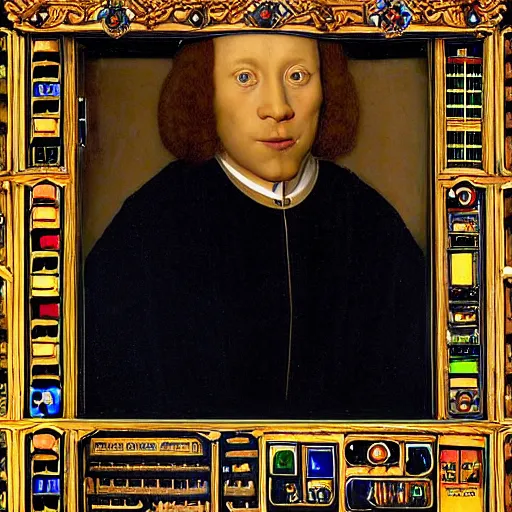 Image similar to a portrait of a person jacked into their cyberdeck by Jan van Eyck