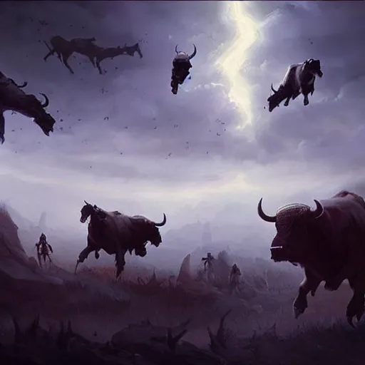 Image similar to ghostly demonic bulls charging across the night sky while a cowboy is watching from below epic concept art, epic painting, artstation, realistic, by greg rutkowski