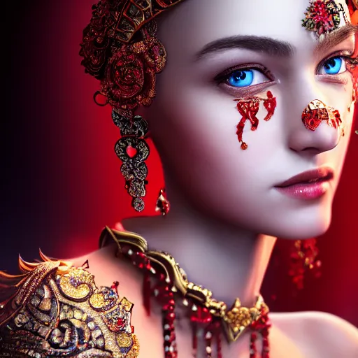 Image similar to photograph of wonderful princess with smooth fair skin, alluring eyes, red jewelry, breathtaking, elegant, ornate, intricate, hyper detailed, accent lighting, dramatic light, 4 k octane render