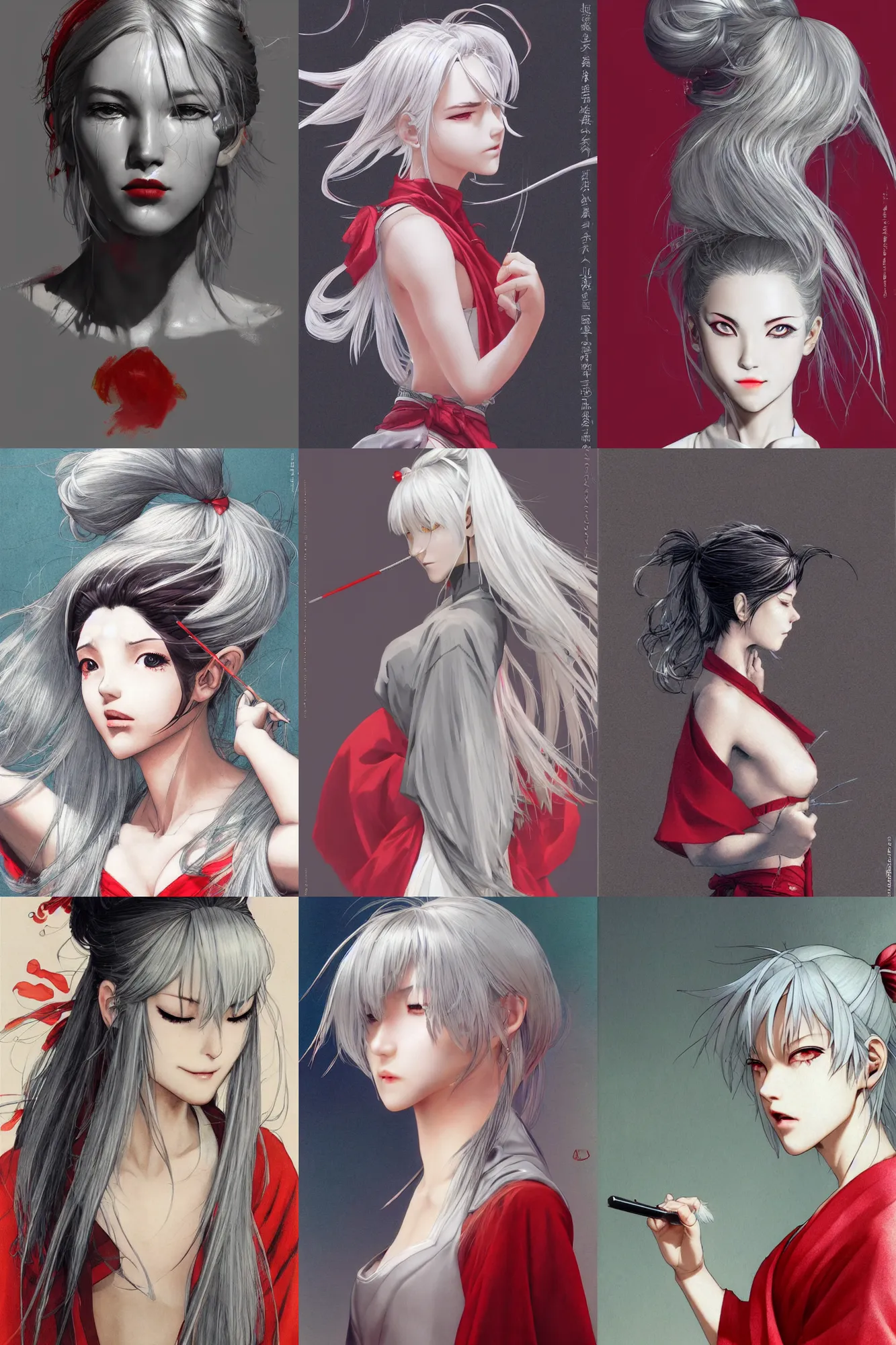 Prompt: girl, silver hair ponytail, winking, red kimono, trending on artstation, detailed, cinematic, body shot, colorful, ilustration by Takehiko Inoue and Yoann Lossel