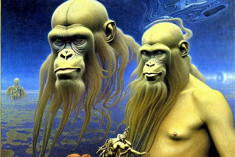 Image similar to realistic extremely detailed portrait painting of a wise ape, futuristic sci-fi landscape with a statue on background by Jean Delville, Amano, Yves Tanguy, Alphonse Mucha, Ernst Haeckel, Edward Robert Hughes, Roger Dean, rich moody colours, silver hair and beard, blue eyes