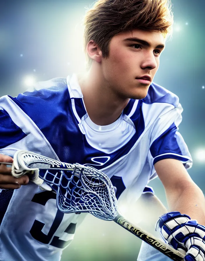 Image similar to closeup portrait of very beautiful cute male lacrosse player in a penn state stadium, glamour pose, particle effects, backlit, highly detailed, soft ambient lighting, sharp focus, rule of thirds, artgerm, wlop, arney freytag, rossdraws, frank frazetta, andrei riabovitchev, hd, octane, 4 k