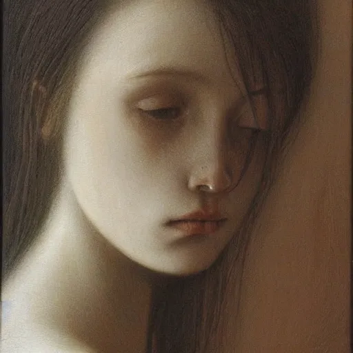 Prompt: portrait of female teen with pale white skin and short black hairs, by Beksinski