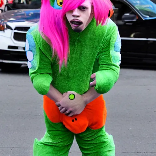 Prompt: pete davidson with pink hair in a silly dinosaur costume