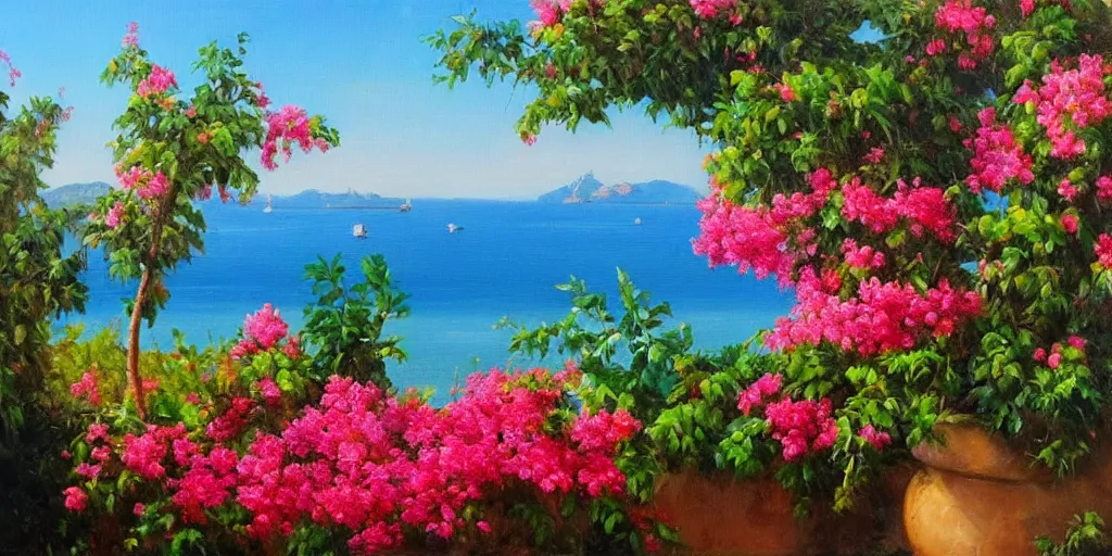 Image similar to beautiful hyper realistic oil painting of a provencal landscape with bougainvillea and near the sea