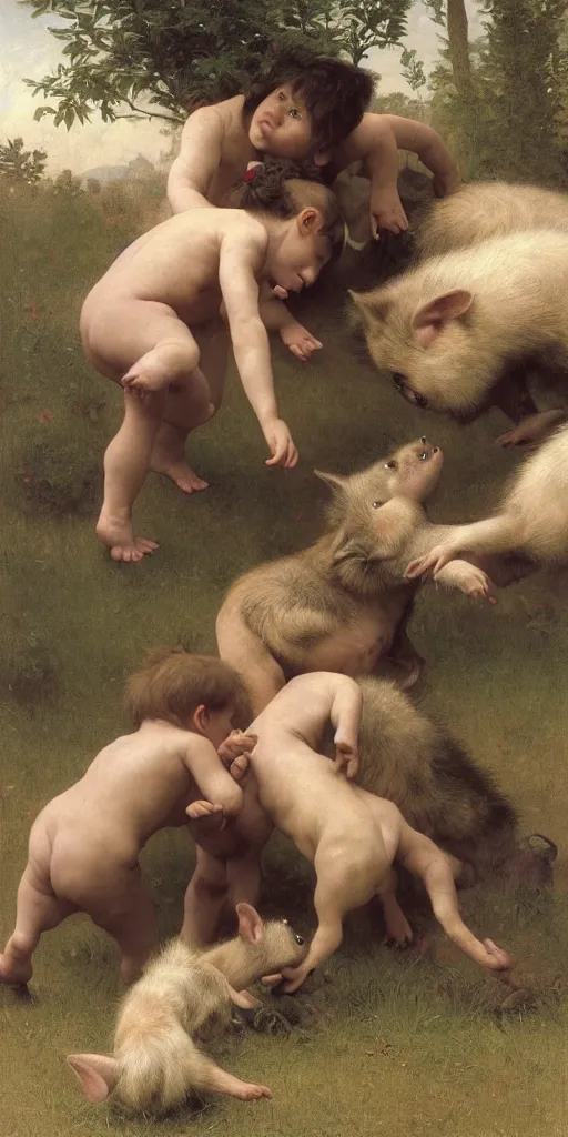 Image similar to photo of three little pigs tickling the wolf who is begging for mercy. regal, realistic, refined, detailed digital art, oil painting, william - adolphe bouguereau, art frahm, esao andrews, highly detailed, cinematic lighting, unreal engine, 8 k, hd extremely detailed. 4 k. award winning. ultra realistic photo.