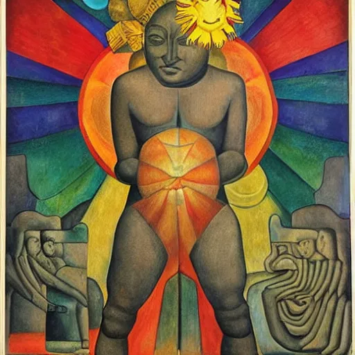 Prompt: Sun god, by Diego Rivera