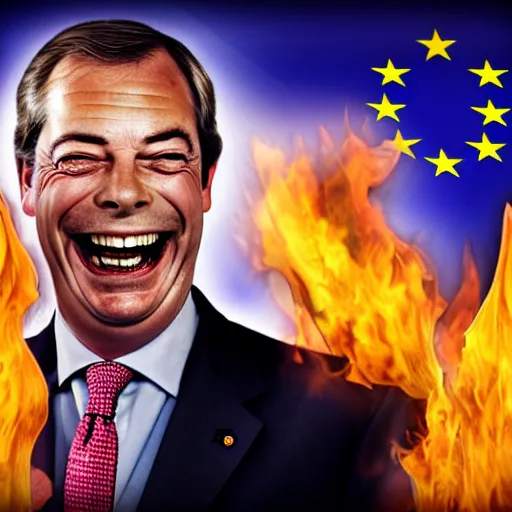 Image similar to nigel farage laughing holding burning eu flag, studio photograph, hd, studio