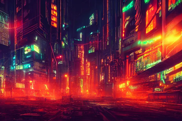 Prompt: dense and detailed dystopian cyberpunk city skyline at night, multicolored neon lights, 8k