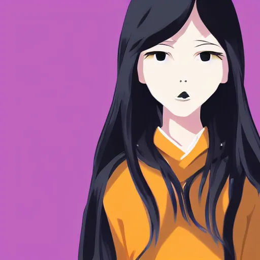 Image similar to portrait of a beautiful korean girl with very long hair and bangs, angular features, angry expression, wearing a black hoodie, in the style of studio trigger, extremely clean lines, anime and manga style