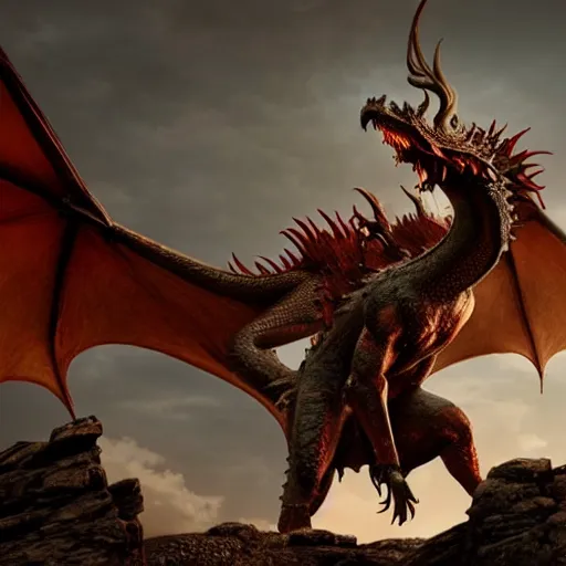 Prompt: giant dragon standing on a mountain, highly detailed, 4 k, hdr, award - winning, directed by zack snyder