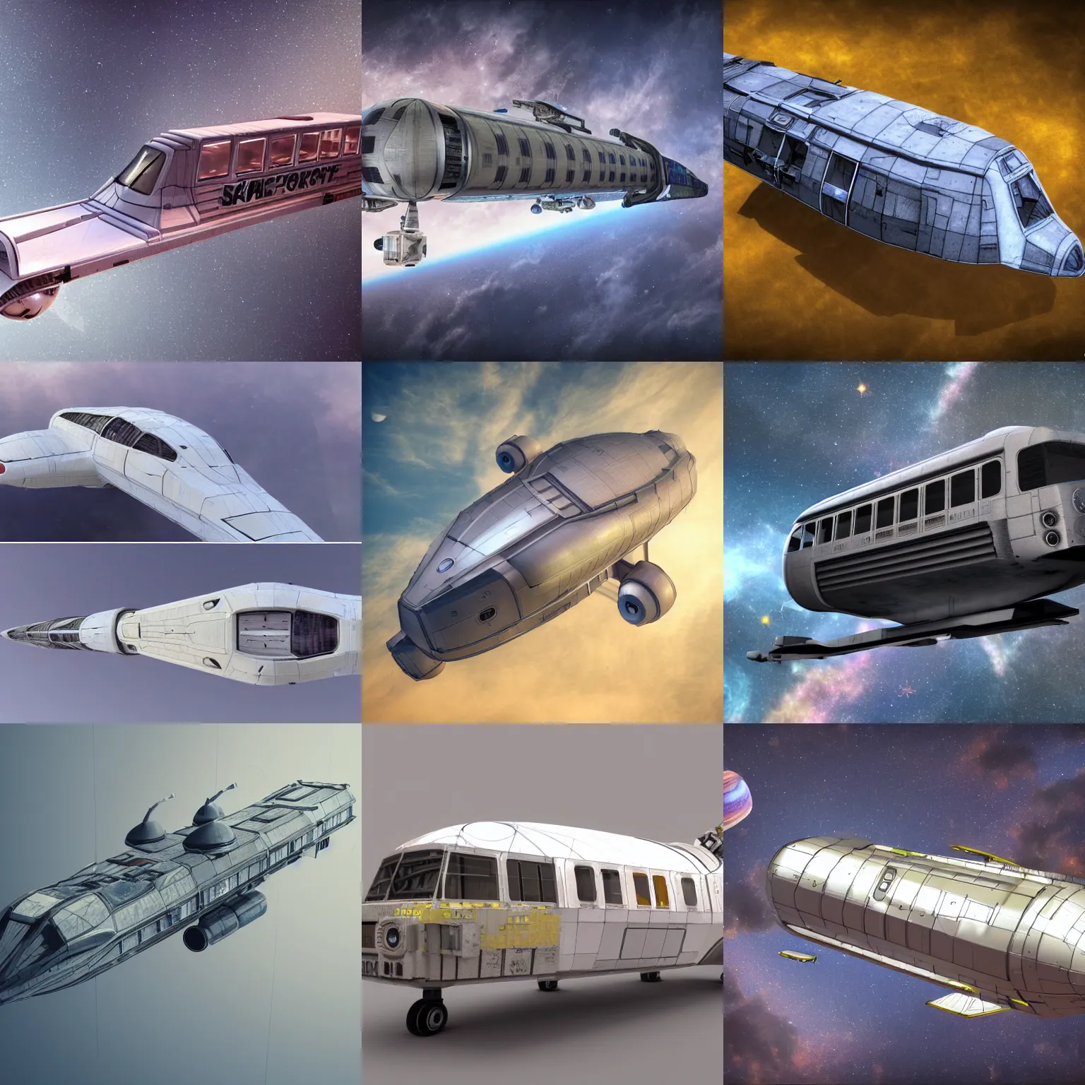 Prompt: concept design art of a spaceship made from a recycled bus, highly detailed render, wide angle, photorealistic, it is flying through space