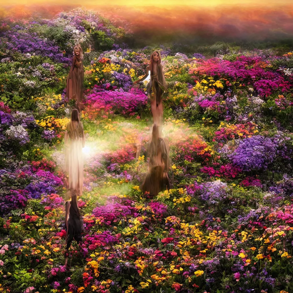 Image similar to a planet of various flowers, fungus and plants, in which the human figure is dressed in something magical and impressive, inside the picture is infinity, sunset light, Atmospheric phenomenon, artistic photography, muted colors, conceptual, long exposure outside the city