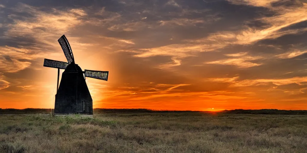 Image similar to photo of a west texas sunset, old windmill, golden hour, high quality, beautiful!!!