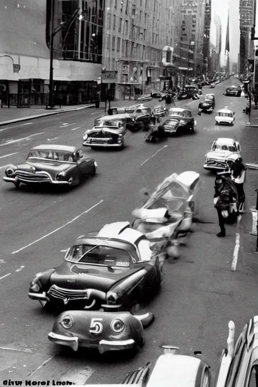 Image similar to a car chase in new york in the 5 0 s