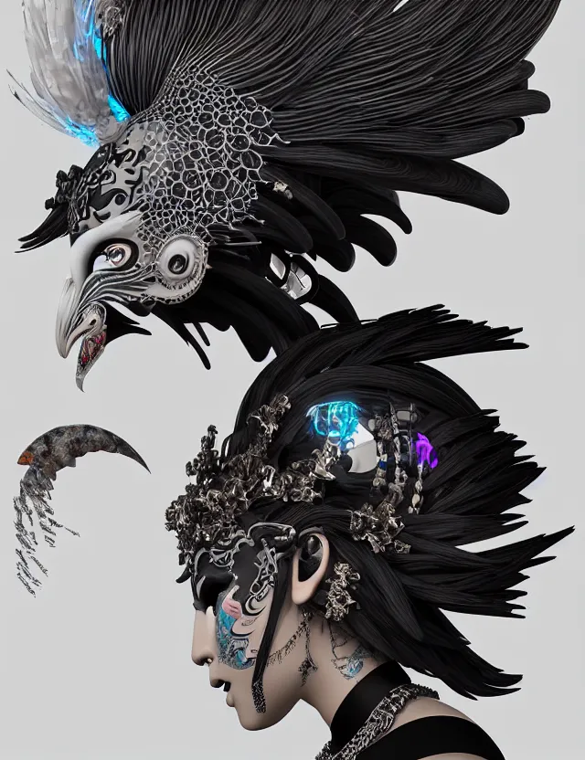 Image similar to 3 d goddess close - up profile portrait punk with mohawk with ram skull. beautiful intricately detailed japanese crow kitsune mask and clasical japanese kimono. betta fish, jellyfish phoenix, bio luminescent, plasma, ice, water, wind, creature, artwork by tooth wu and wlop and beeple and greg rutkowski