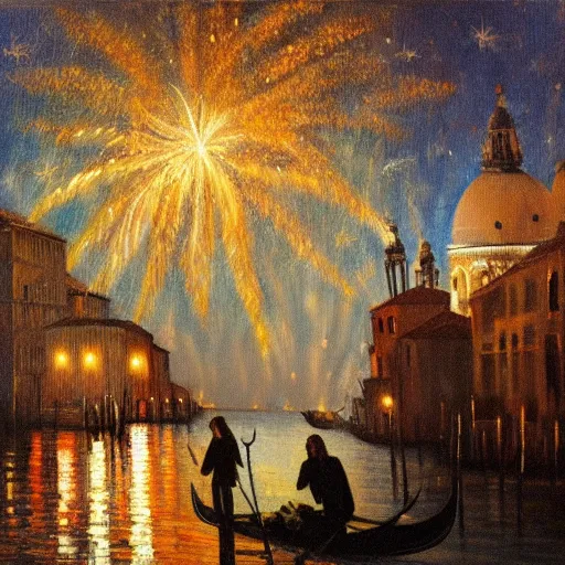 Image similar to an oil painting of couple kissing, in a background fireworks in venice