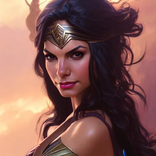 Prompt: Victoria Justice as Wonder Woman, western, D&D, fantasy, intricate, elegant, highly detailed, digital painting, artstation, concept art, matte, sharp focus, illustration, art by Artgerm and Greg Rutkowski and Alphonse Mucha