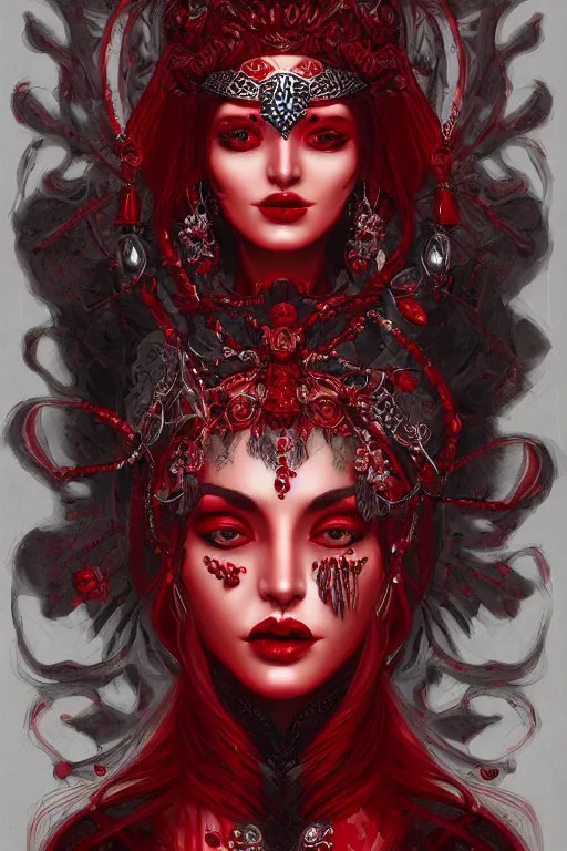 Image similar to portrait of the blood goddess, enigmatic beauty, dominant shades of crimson and red and black, oriental silver ornaments, artstation