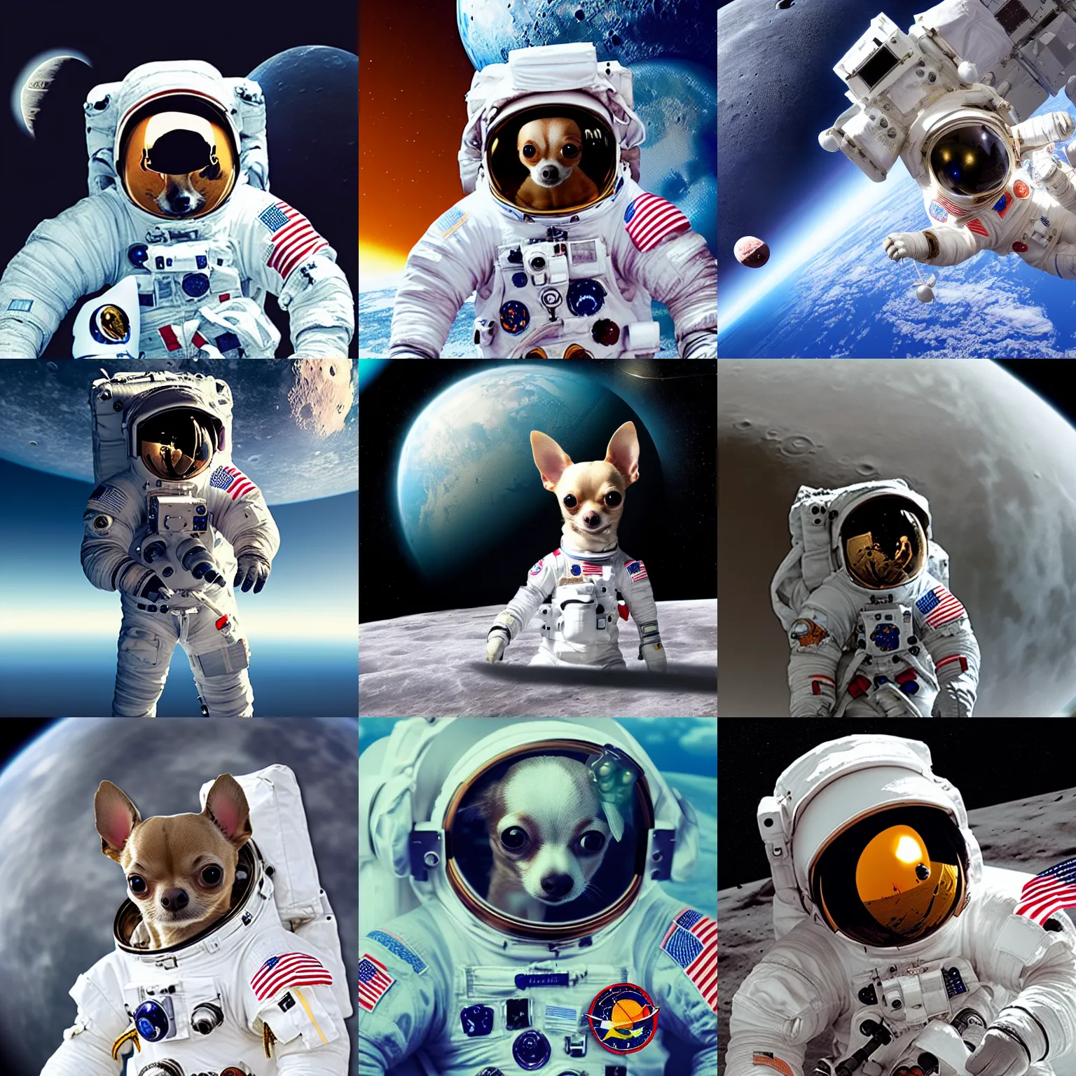 Prompt: Chihuahua astronaut on the moon, space station, base, mechanical, celestial background, octane, 4k, hyper realism, sharp focus