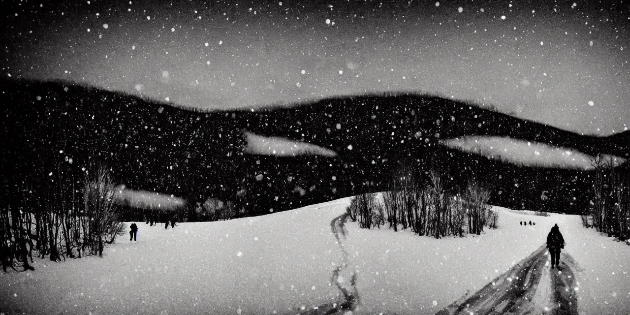 Image similar to laurentian appalachian mountains in winter, unique, original and creative black ink landscape, surrealist artwork, wide angle, snowy night, distant town lights, aurora borealis, deers and ravens, lonely human walking, footsteps in the snow, fascinating textures, outstanding composition