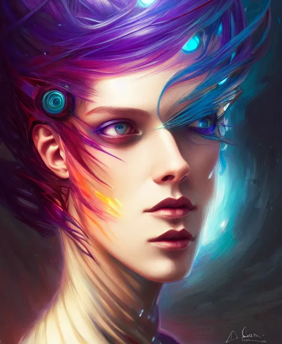 Prompt: a whirlwind of souls rushing inside the metaverse, half body, jewelry, fashionable haircut, android, cyborg, cyberpunk face, by loish, d & d, fantasy, intricate, elegant, highly detailed, colorful, vivid color, digital painting, artstation, concept art, art by artgerm and greg rutkowski and alphonse mucha