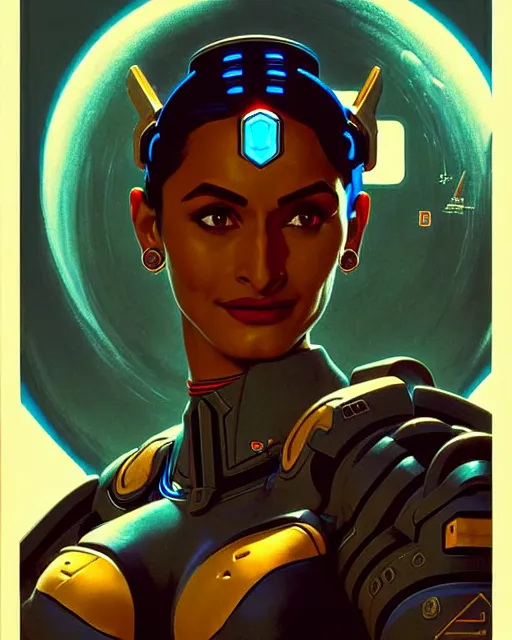 Prompt: symmetra from overwatch, character portrait, sci - fi armor, portrait, close up, concept art, intricate details, highly detailed, vintage sci - fi poster, retro future, in the style of chris foss, rodger dean, moebius, michael whelan, and gustave dore