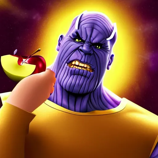 Image similar to caricature of thanos eating apple in galaxy, 8 k, digital art, artstation, detalied, high quality,