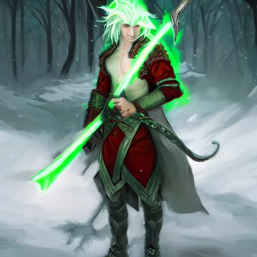 Prompt: High Fantasy dramatic portrait painting of a white haired male elf walking through the snow with a glowing green sword in his hand, leg high, face showing, full body, fantasy clothing, cgsociety, trending on artstation, dnd