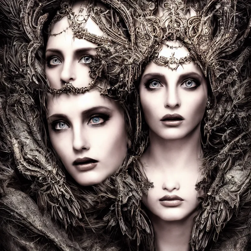 Image similar to mindblowing portrait of the enchantress queen, a stunning timeless beauty, breathtaking eyes, perfect skin, feathered eyelashes, royal gothic dress with a lot of leather, heavy silent hill aesthetic, incredibly intricate, digital art, blender, houdini & photoshop, very elegant & complex, hyper-maximalist, overdetailed, epic cinematic quality, biblical art lighting, photorealistic, lifelike, OLED, DSLR HDR 8k, face is the focus, facial feature symmetry, hyper composed, created by Nixeu & z--ed from deviantart