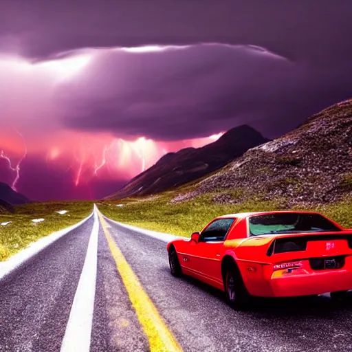 Image similar to nightmarish creatures rushing towards car, black pontiac firebird trans - am driving towards the camera, norway mountains, red glow in sky, valley, large lake, dynamic, cinematic, motionblur, volumetric lighting, wide shot, low angle, large lightning storm, thunder storm