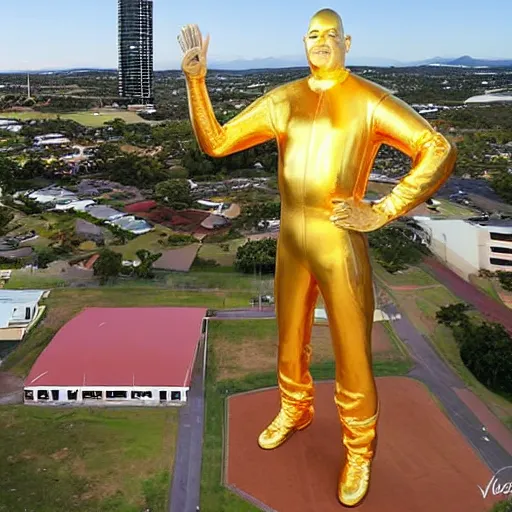 Prompt: solid gold 1 0 0 feet tall statue of michael van gerwen in townsville australia
