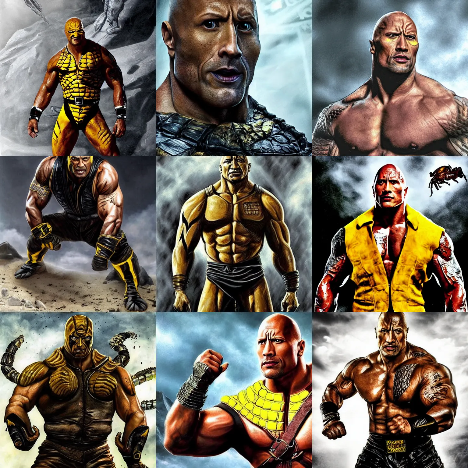 Prompt: Dwayne Johnson as Scorpion from Mortal Kombat, highly detailed, photorealistic, hyper realism