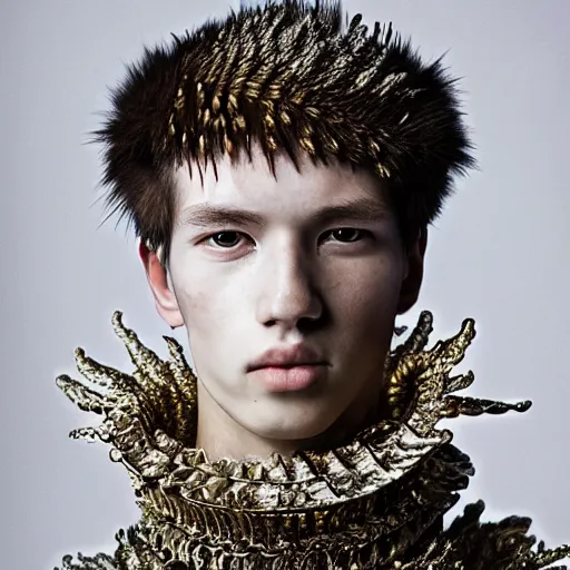 Image similar to a portrait of a beautiful young male wearing an alexander mcqueen armor made of hail , photographed by andrew thomas huang, artistic