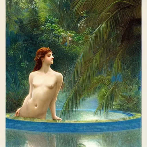 Image similar to The maze, refracted sparkles, thunderstorm, greek pool, beach and Tropical vegetation on the background major arcana sky, by paul delaroche, alphonse mucha and arnold böcklin, hyperrealistic symmetrical 8k, award-winning, very very very detailed