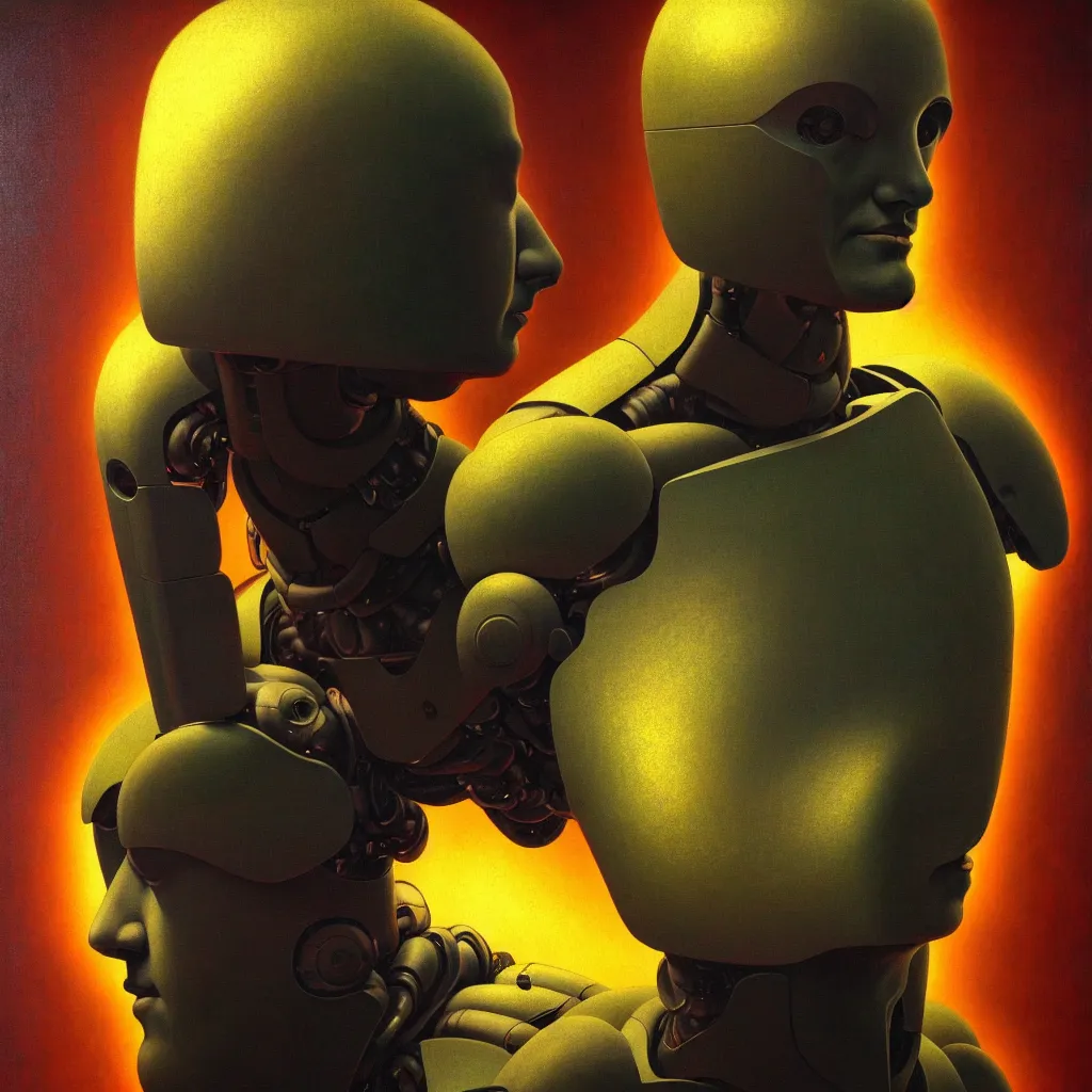 Image similar to cinematic bust portrait of psychedelic god robot from left, head and chest only, robotic improvements, part of Moebius, part of maxfield parrish, part of Thomas Ehretsmann,, oil on canvas, masterpiece, trending on artstation, cinematic composition, dramatic pose, beautiful lighting, sharp, details, hyper-detailed, volumetric lighting 4K