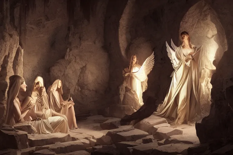 Image similar to inside a tomb, dark scene, light coming in from the left, 3 women in colored robes, 2 angels with feathered wings | medium close | fibonacci composition, by artgerm, greg rutkowski, craig mullins, caravaggio