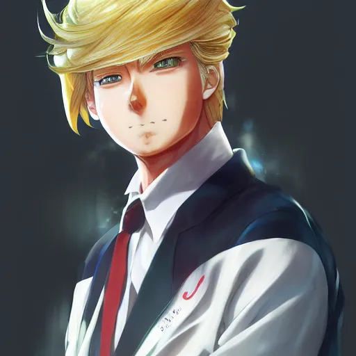 Prompt: anime portrait of Trump as an anime boy by Stanley Artgerm Lau, WLOP, Rossdraws, James Jean, Andrei Riabovitchev, Marc Simonetti, and Sakimichan, trending on artstation