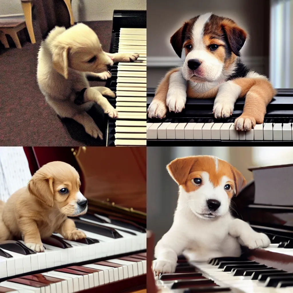 Prompt: puppy playing the piano