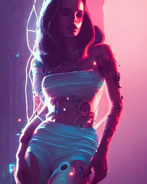 Image similar to portrait of lana del rey as a cyberpunk cyborg. intricate abstract. intricate artwork, tear drops, roses, by tooth wu, wlop, beeple, dan mumford. concept art, octane render, trending on artstation, greg rutkowski, asymmetrical, cinematic arthouse, key art, hyper realism, iridescent accents