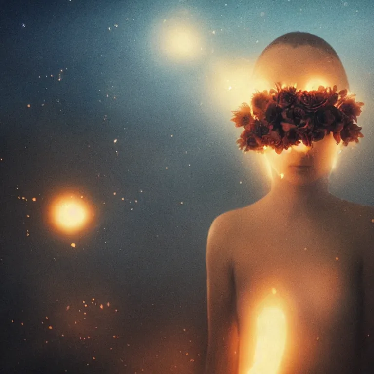 Image similar to The full body shot of beautiful pale woman with many eyes flowers and full-face golden mask inside a thick black smoke in rocky desert landscape, glowing eyes, falling star on the horizon, burning earth by Gaspar Noe and Christopher Doyle, anamorphic lens, anamorphic lens flares, kodakchrome, cinematic composition, practical effects, award winning photo, 8k