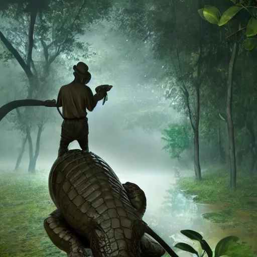 Prompt: Statue of man with crocodile on his back in misty jungles, 8k, detailed, concept art, trending on artstation