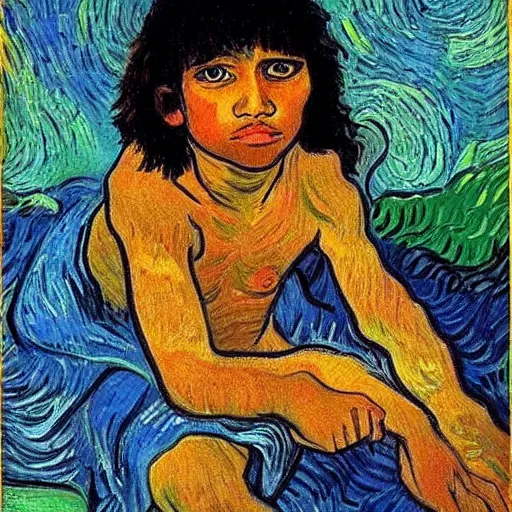 Prompt: painting of Mowgli by Vincent Van Gogh. Realistic, hyperdetailed