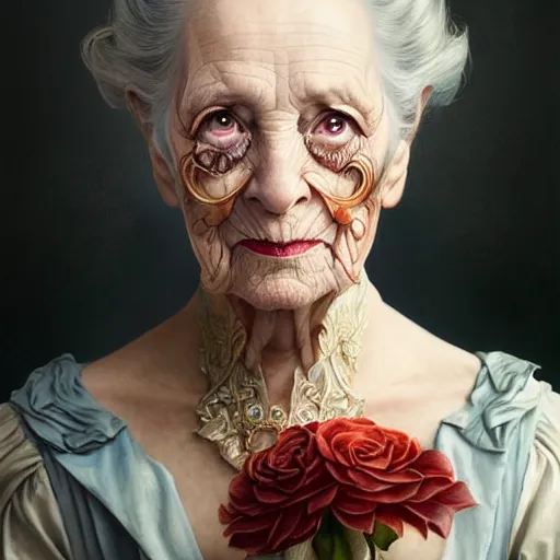 Image similar to portrait painting of an extremely fancy elderly woman with a devious expression, gaslamp fantasy, victorian, ultra realistic, concept art, intricate details, eerie, highly detailed, photorealistic, octane render, 8 k, unreal engine. art by artgerm and greg rutkowski and charlie bowater and magali villeneuve and alphonse mucha